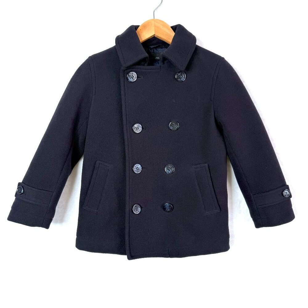 UNIQLO Unisex Kids Fleece Double Breasted Nautical Pea Coat Jacket 5 6 Blue